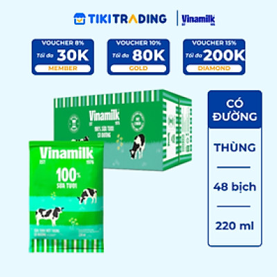 Thùng 48 Bịch Sữa Tươi Tiệt Trùng Vinamilk 100% Có Đường (220ml)