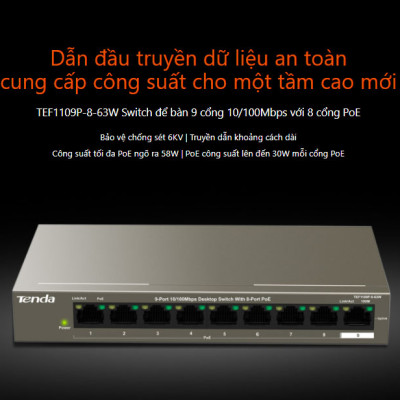 Bộ chia mạng switch 9 cổng 10/100Mbps TEF1109P-8-63W Tenda hàng chính hãng