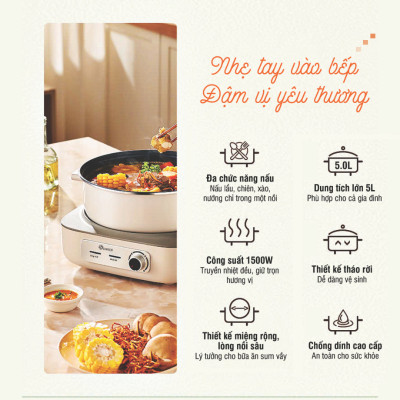 Nồi Lẩu Điện SOWUN SW6023 5L Hàng Chính Hãng, Đế Tách Rời Chống Dính Có Thể Chiên Xào Nấu Hoặc Dùng Để Ăn Lẩu