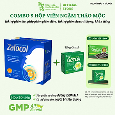 Combo 5 hộp viên ngậm ho thảo mộc Zalocol Hỗ trợ giảm đờm, giảm đau rát họng, khản tiếng do viêm họng, viêm phế quản (hộp 20 viên) - Genat