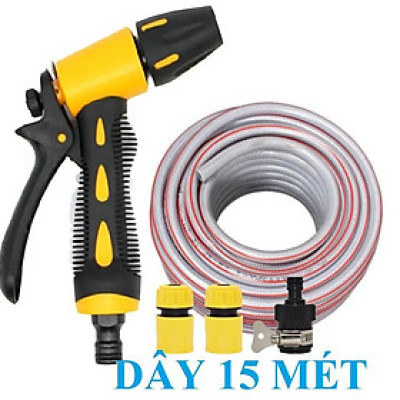 Vòi Xịt️Evoucher Bộ dây vòi xịt nước rửa xe, tưới cây , tăng áp 3 lần, loại 15m 206319 cút sập,nối nhựa đen+  đai