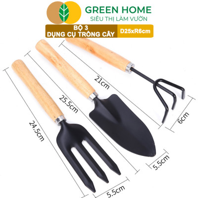 Dụng Cụ Làm Vườn Greenhome, D25cm, Cán Gỗ, Lưỡi Thép, Gồm Xẻng Xúc Đất, Cào, Chĩa, Trồng Cây, Làm Cỏ Dễ Dàng