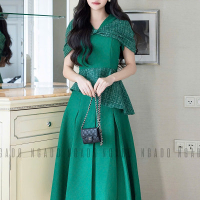 Set áo váy xanh lá tay phối nơ NGADO , đầm dự tiệc , đầm thiết kế