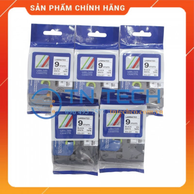 Nhãn In HZE-221 - Đen nền trắng 9mm x 8m - Dùng cho máy in BROTHER - AIMO - PUTY [Hàng nhập khẩu]