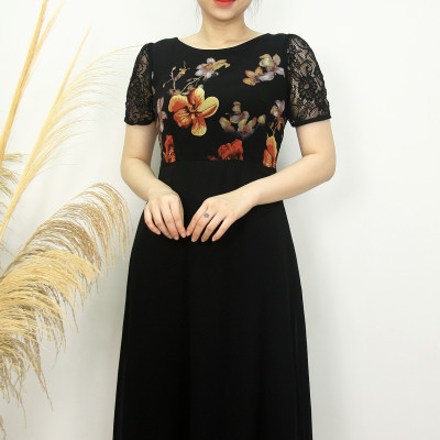 Đầm trung niên bigsize - Đầm xòe A voan hoa tay ren TIFALU900