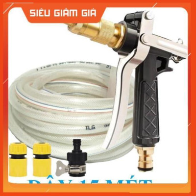 Bộ dây vòi xịt nước rửa xe, tưới cây . tăng áp 3 lần, loại 15m 206236 đầu đồng, cút,nối đen