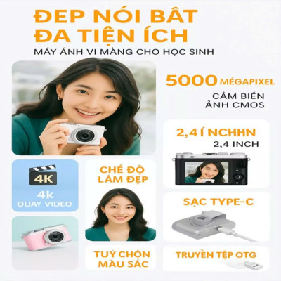 Máy Chụp Ảnh Mini Kèm Thẻ 512G T Retro Kỹ Thuật Số CCD 4K Cho Học Sinh – Nhỏ Gọn, Thời Trang, Chụp Siêu Nét- HÀNG CHÍNH HÃNG MINIIN