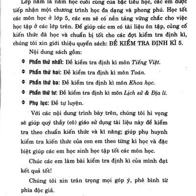 Đề Kiểm Tra Định Kỳ Tiếng Việt - Toán -  Khoa Học - Lịch Sử -  Địa Lí Lớp  5