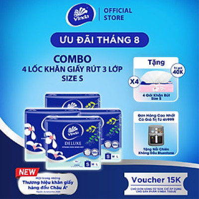 [MUA 4 LỐC SIZE S TẶNG 4 GÓI SIZE S] Khăn giấy rút cao cấp Vinda Deluxe 3 lớp 50 tờ size S (4 Gói)