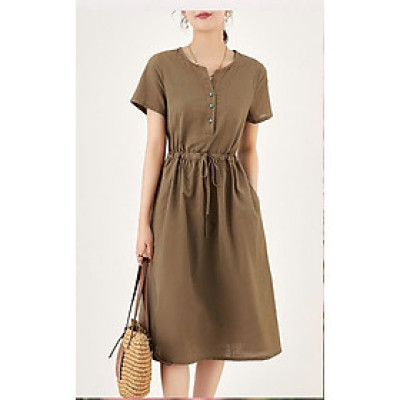 Đầm cao cấp Đũi Việt thiết kệ cổ V và dây rút sang trọng, trẻ trung da218