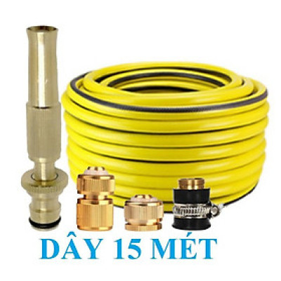 Bộ dây vòi xịt nước rửa xe, tưới cây . tăng áp 3 lần, loại 15m 206587 đầu đồng, cút đồng, + tặng mở chai