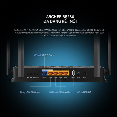Thiết bị định tuyến mạng không dây TP-Link Router Wifi 7 Dual-Band BE3600 Archer BE230 - Hàng chính hãng