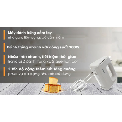 Máy đánh trứng, trộn bột cầm tay Philips HR3705, công suất 300W, 5 tốc độ, bảo hành 2 năm|Hàng Chính Hãng