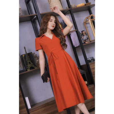 Váy Trơn Màu Cam Nơ Eo Cao Cấp 23V047 Pi Style