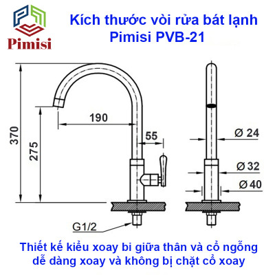 Vòi Rửa Chén Lạnh Pimisi PVB-21+DC Inox 304 Sáng Bóng Cho Chậu Rửa Chén Bát 1-2 Hố, Đơn 1 Đường Nước | Chính Hãng