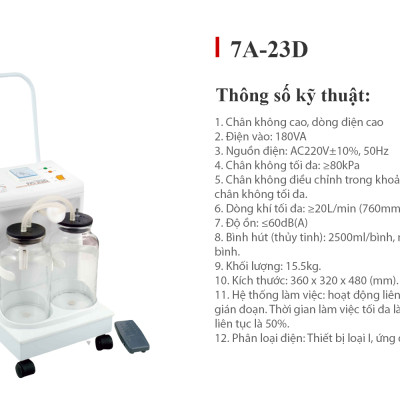 Máy Hút Dịch 2 Bình Công Suất Lớn YUWELL 7A-23D(20L) - Nhập Khẩu Chính Hãng - Bảo Hành 1 Năm