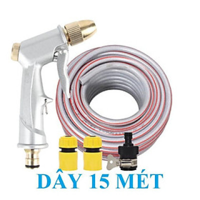 Bộ dây vòi xịt nước rửa xe, tưới cây . tăng áp 3 lần, loại 15m 206701 đầu đồng,cút,nối đen