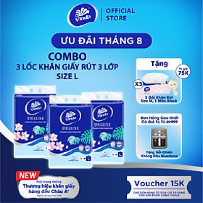 [MUA 3 LỐC KHĂN RÚT SIZE L TẶNG 3 GÓI KHĂN RÚT SIZE M+ 1 MÓC KHÓA] Khăn giấy rút cao cấp Vinda Deluxe 3 lớp 110 tờ size L (4 Gói)