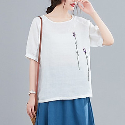 Áo kiểu nữ cổ tròn ngắn tay form rộng, chất đũi mềm mát, dễ chịu khi mặc Haint Boutique Ale40