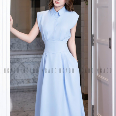 Đầm sơ mi xanh biển xếp ly NGADO , đầm dáng dài , đầm kiểu , đầm sơ mi