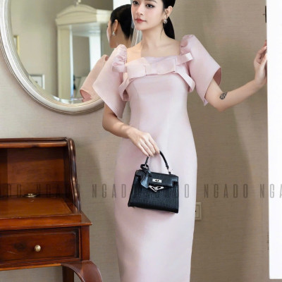 Đầm hồng cổ vuông tay phồng NGADO , đầm dự tiệc , đầm sang trọng