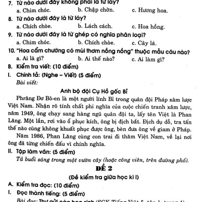 Đề Kiểm Tra Định Kỳ Tiếng Việt - Toán -  Khoa Học - Lịch Sử -  Địa Lí Lớp  5